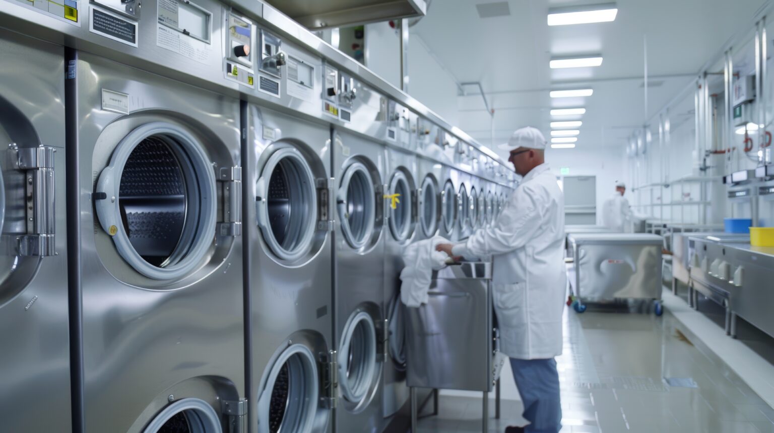 Industrial laundry facility with workers in uniforms managing large washing machines and sorting laundry. the setting is clean and organized, the operational efficiency and professionalism of a large-scale laundry service.